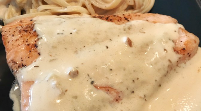 Garlic Butter Sauced Salmon With Linguine